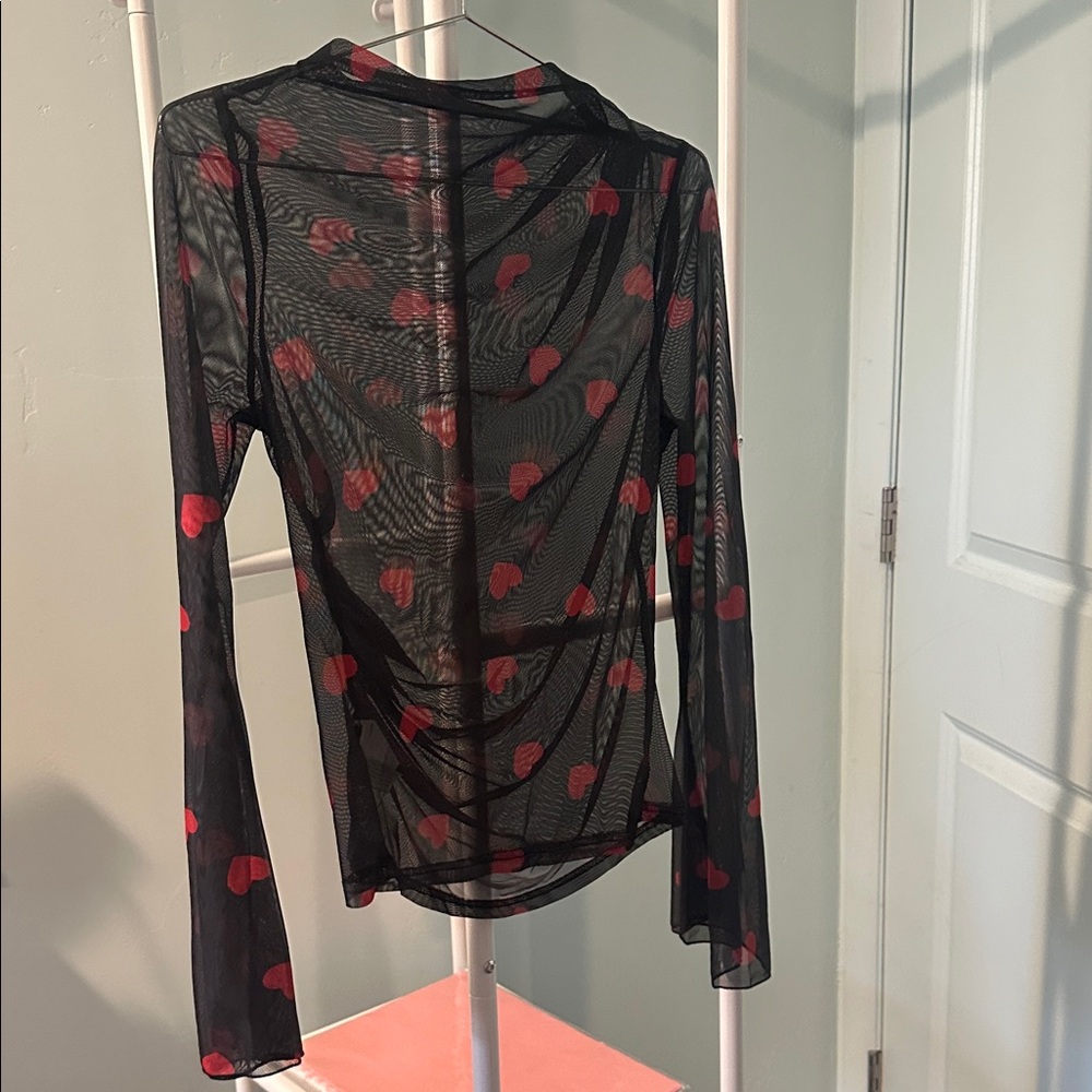 Sheer Black Mesh Long-Sleeve Top with Red Heart Print